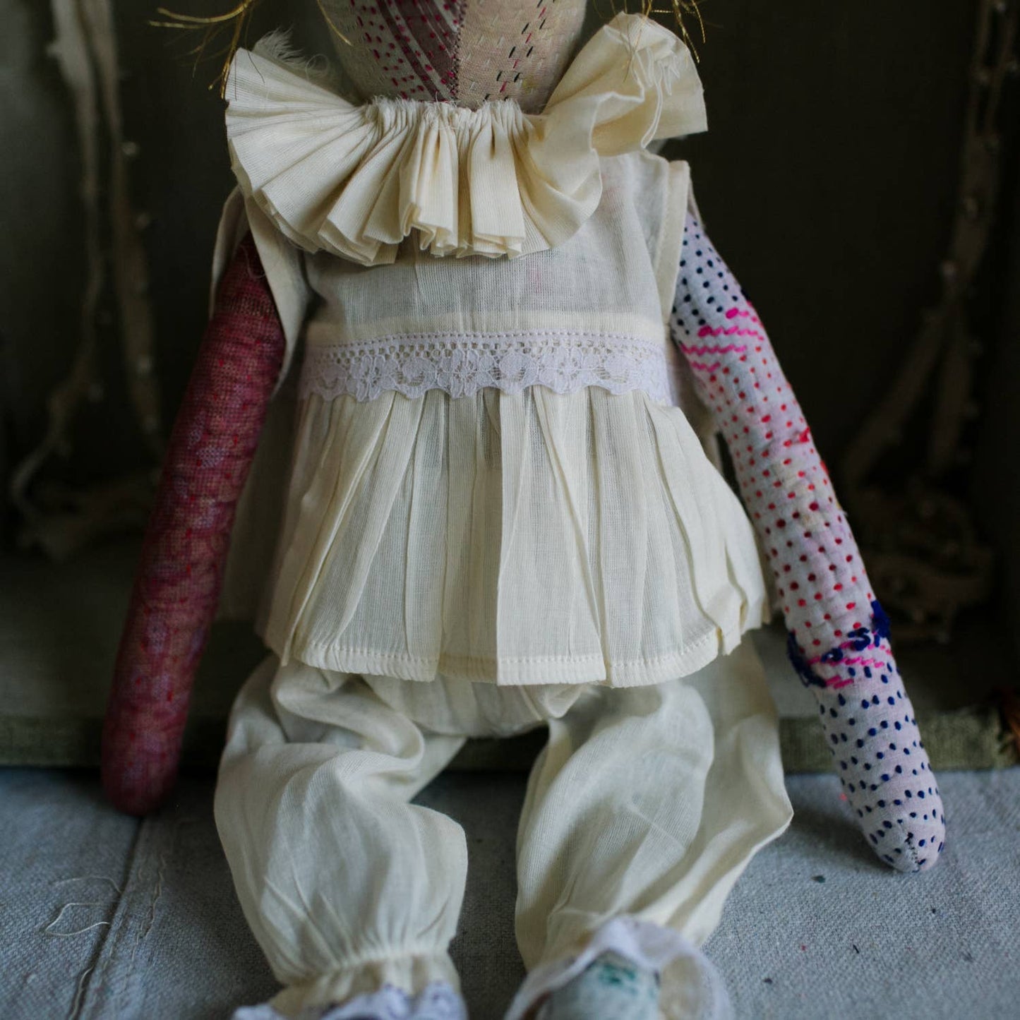 Kantha Ruffle Bun Rag Doll - Cotton-filled Art Doll
