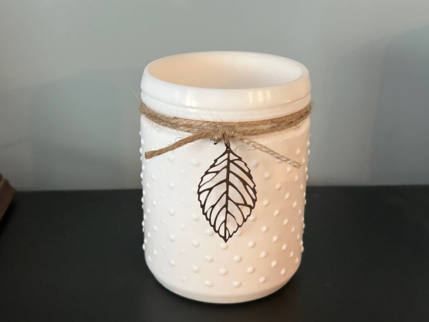 Vintage White Hobnail Candle with Leaf Charm