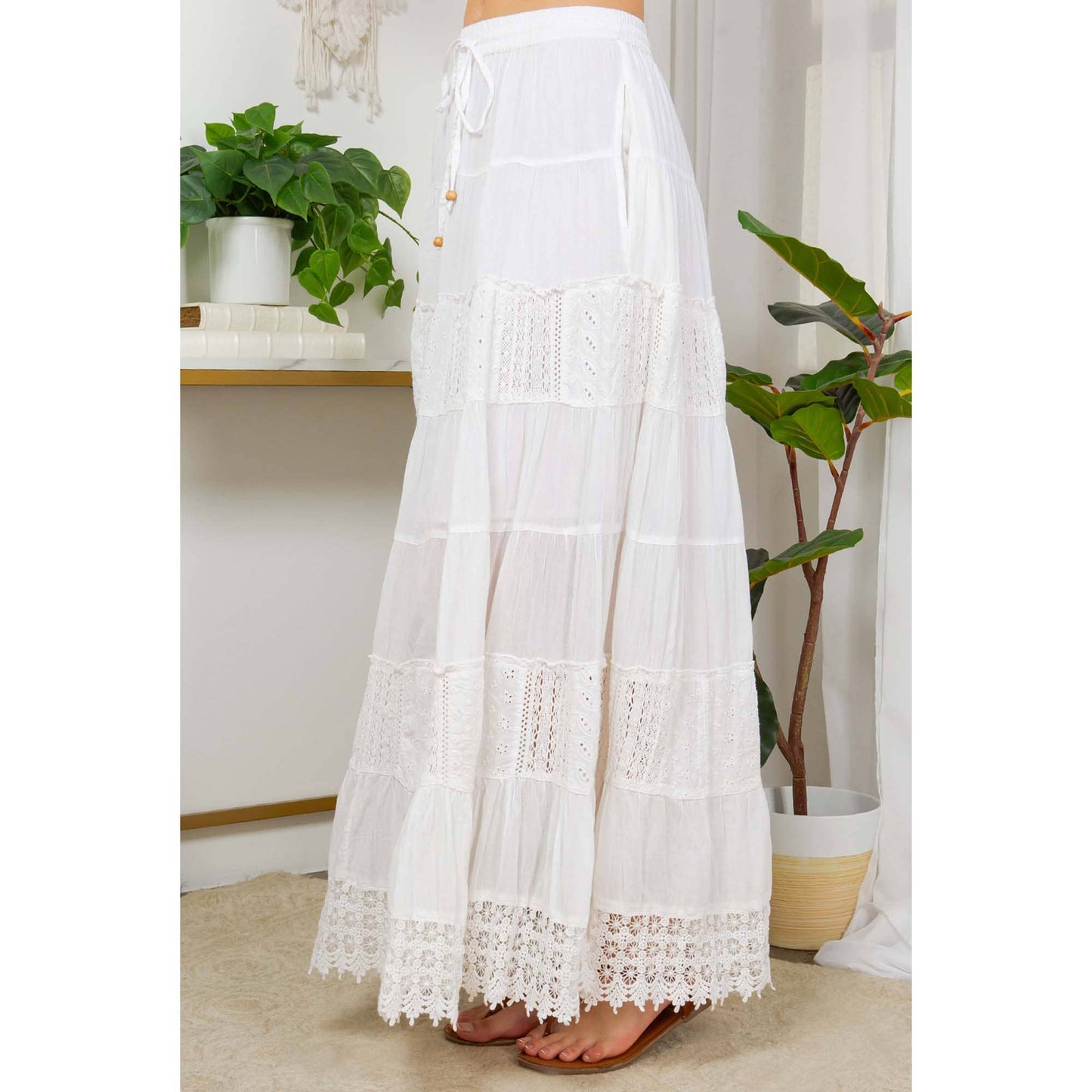 7 Tiered Crinkle Lace Patchwork Skirt with Pocket