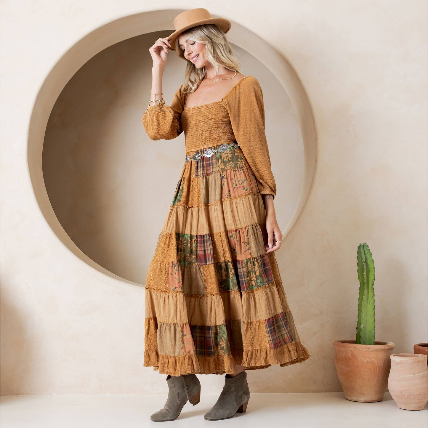 Rustic Bohemian: Smocked Patchwork Maxi Dress - New