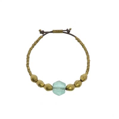 Seaglass Beaded Brass Bracelet - Aqua