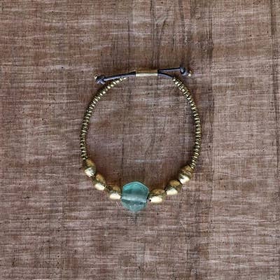 Seaglass Beaded Brass Bracelet - Aqua