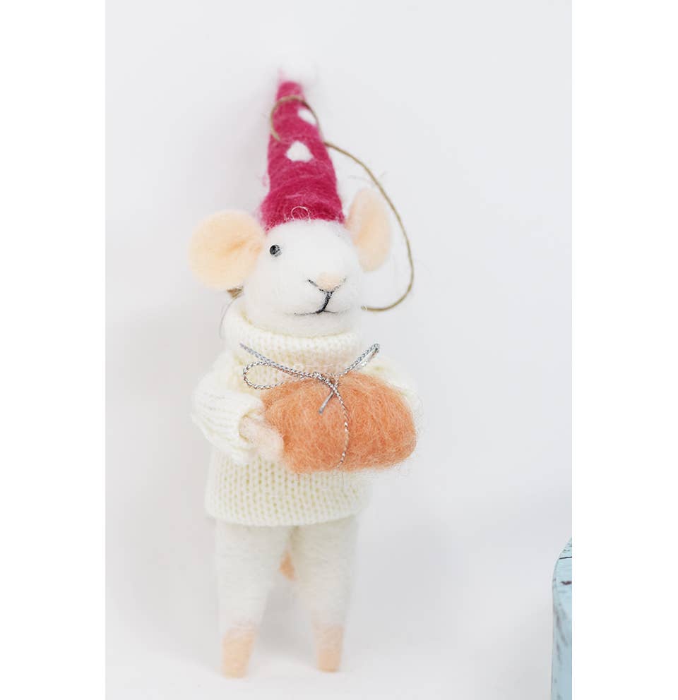 Mice Christmas ornaments, Felted mouse, Mouse with gift