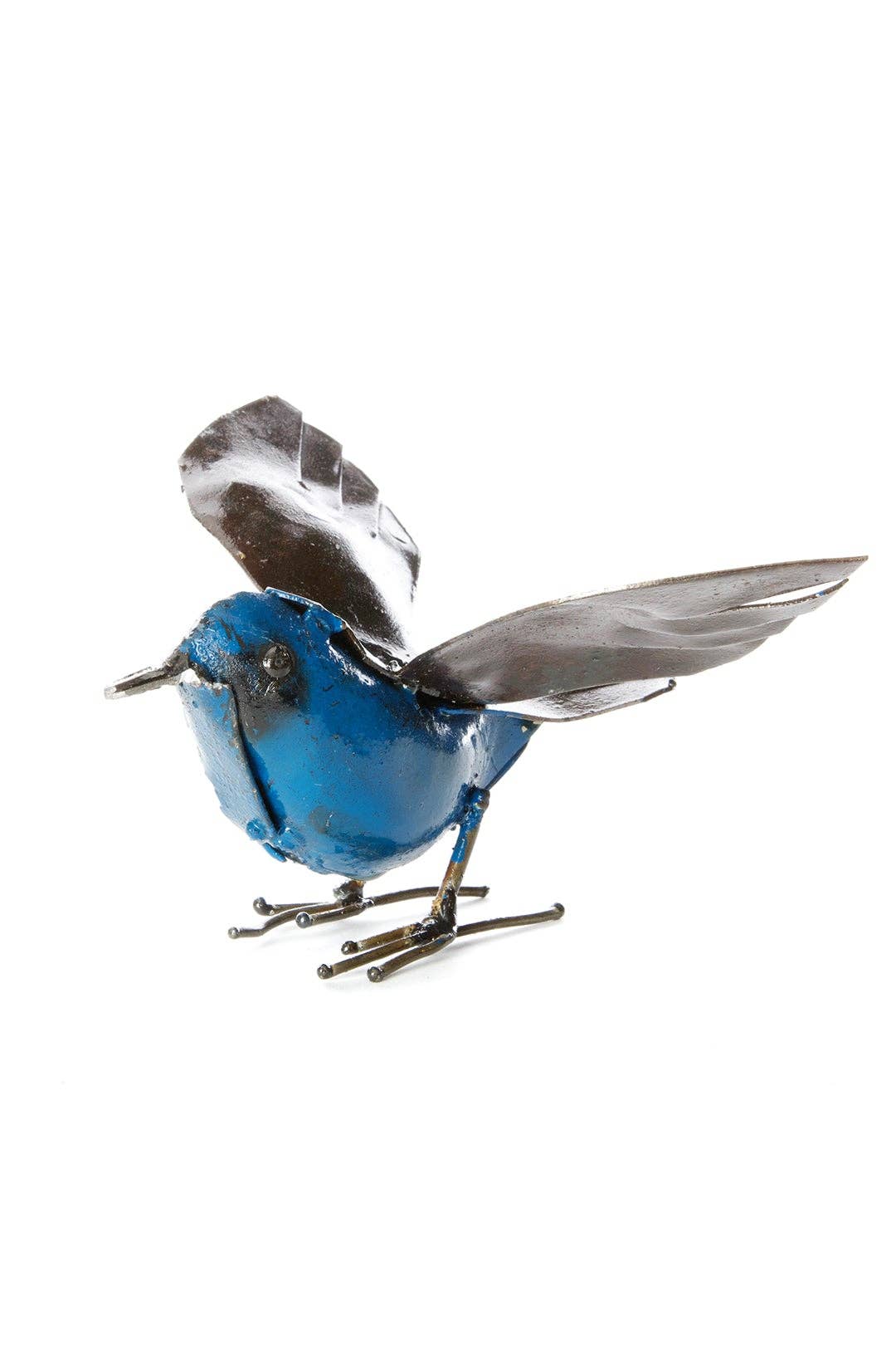 Blue Recycled Metal Fluttering Bird Sculpture