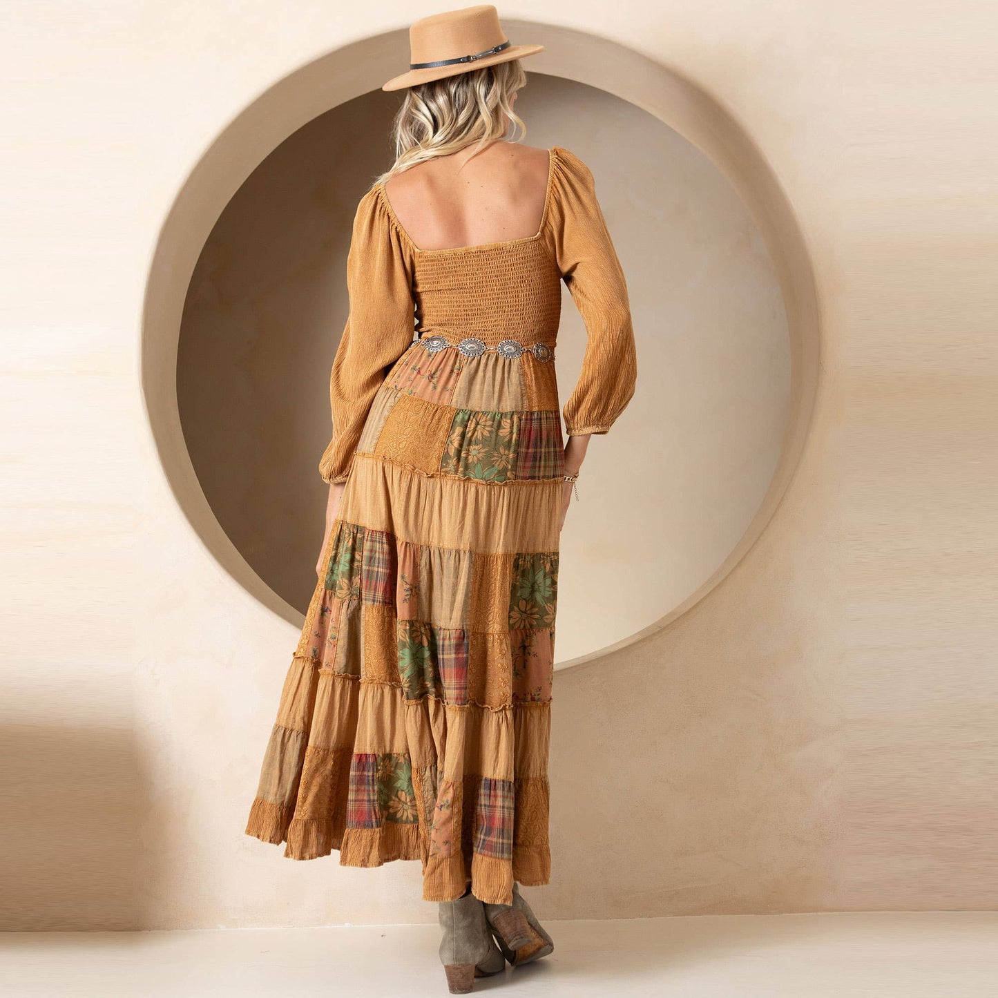 Rustic Bohemian: Smocked Patchwork Maxi Dress - New