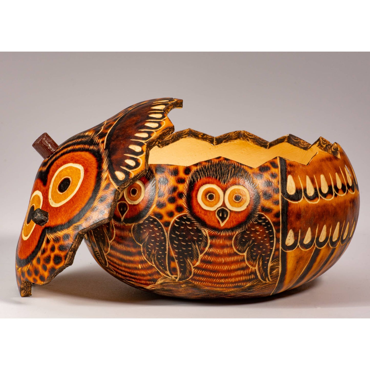 Owl Mom & Chick Carved Gourd Box - Medium - Gift Box