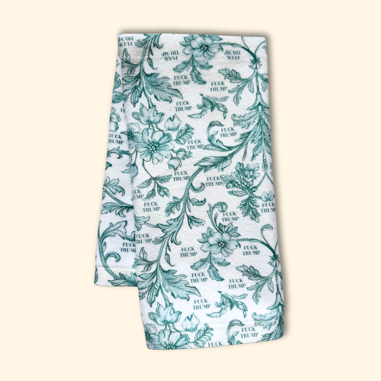 Green Toile de Jouy Fuck Trump Hand Towel