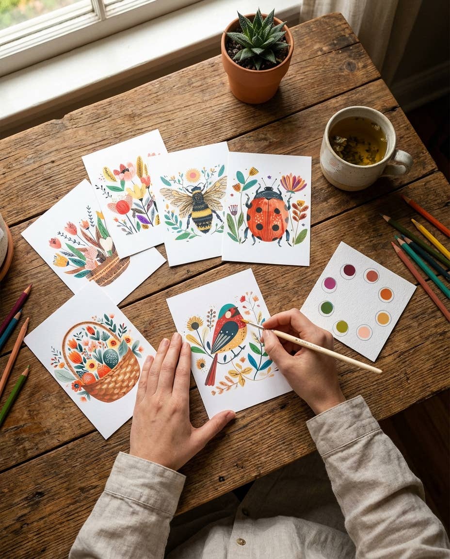 All-in-One Watercolor Art Prints + Postcards: Folk Art (Copy)
