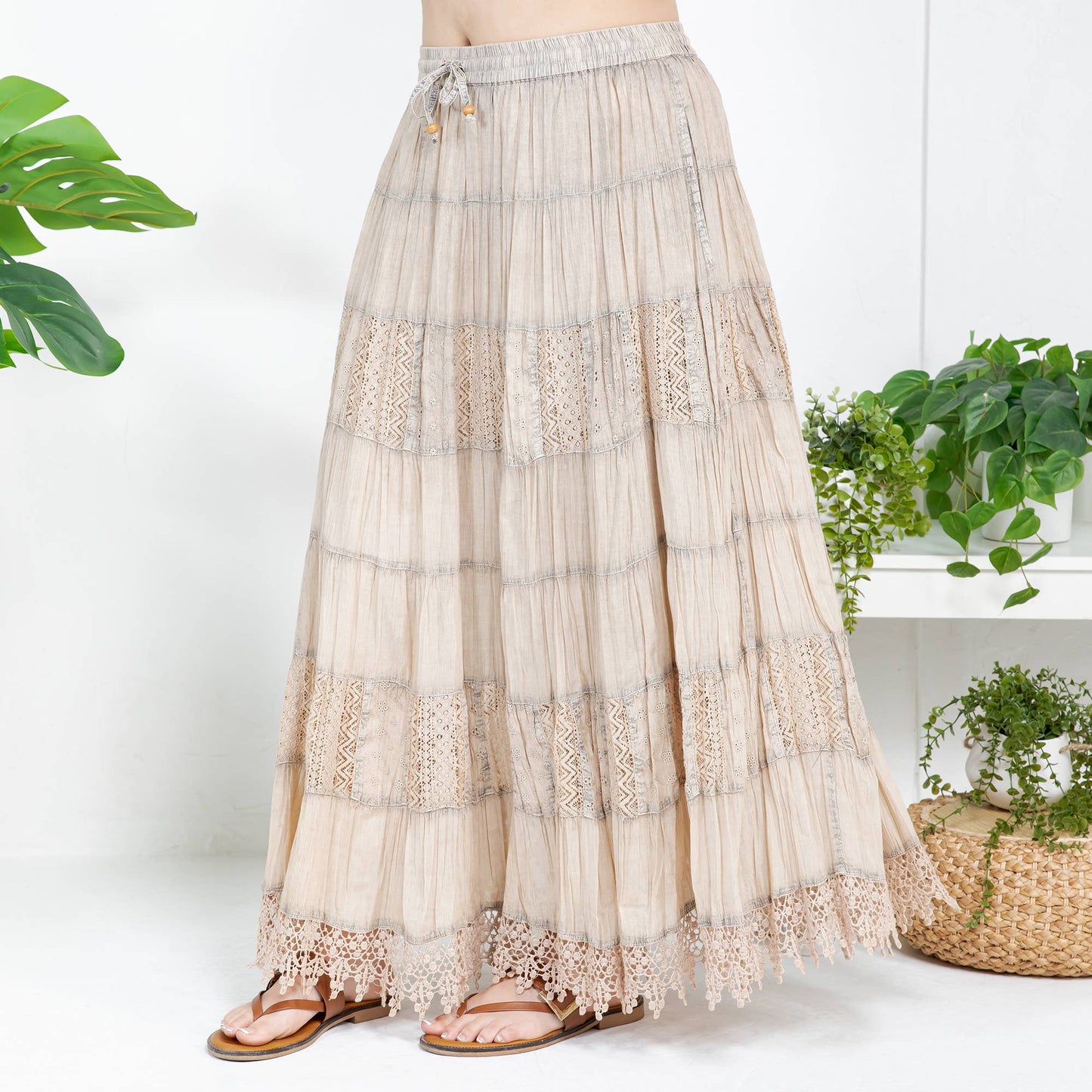 7 Tiered Crinkle Lace Patchwork Skirt with Pocket