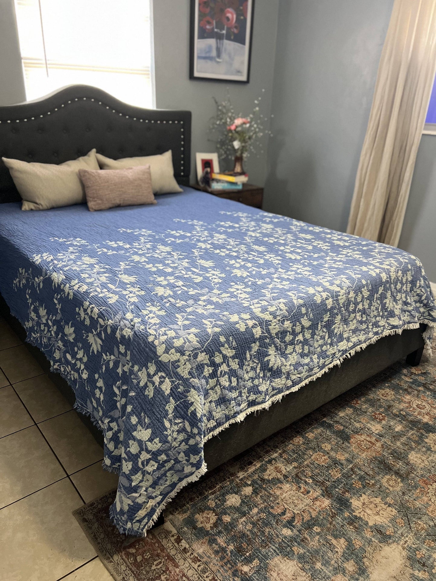 Bougainvillea Muslin Bed Blanket – Blue| Queen