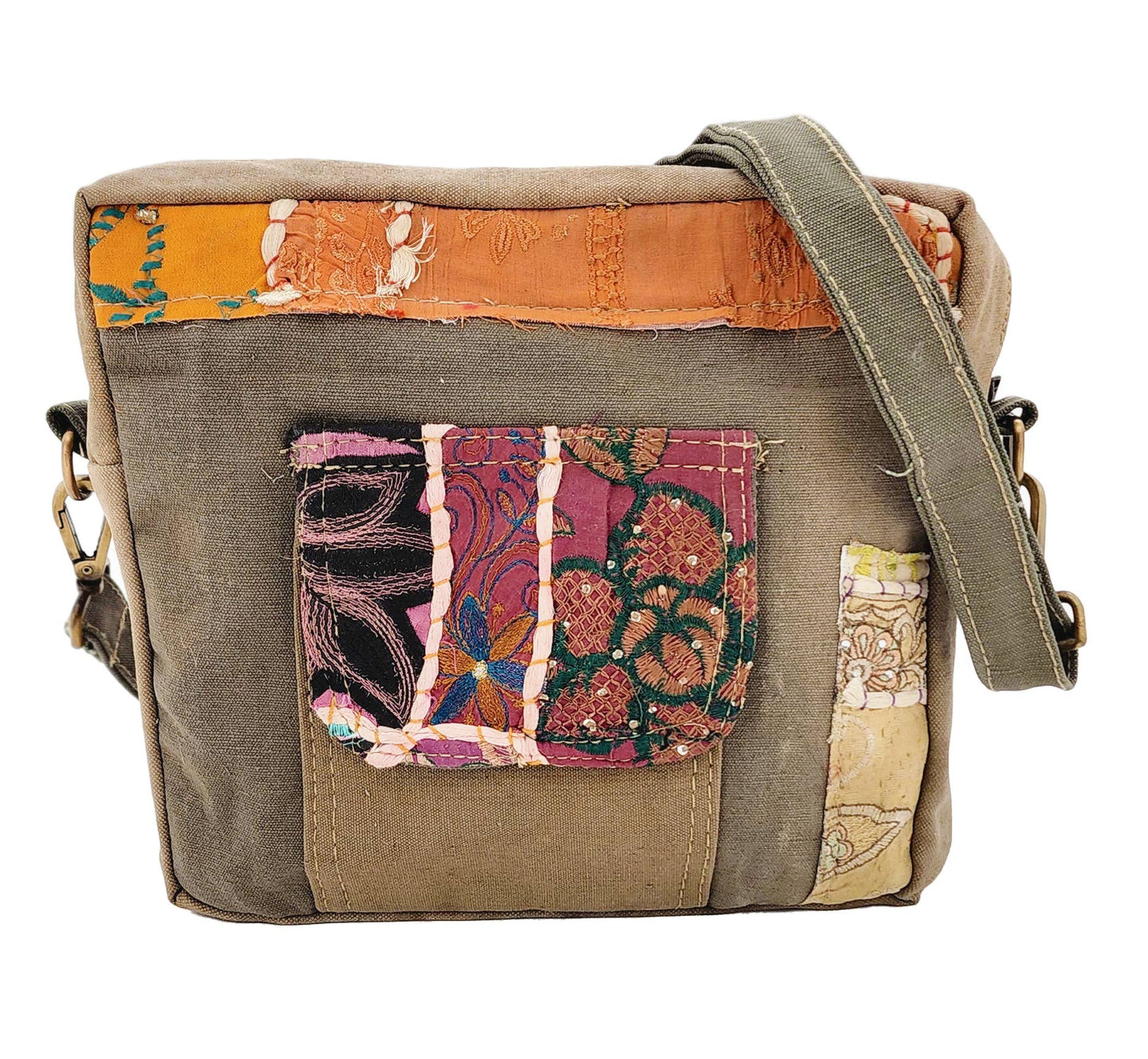 Recycled Military Tent w/Vintage Fabric Crossbody