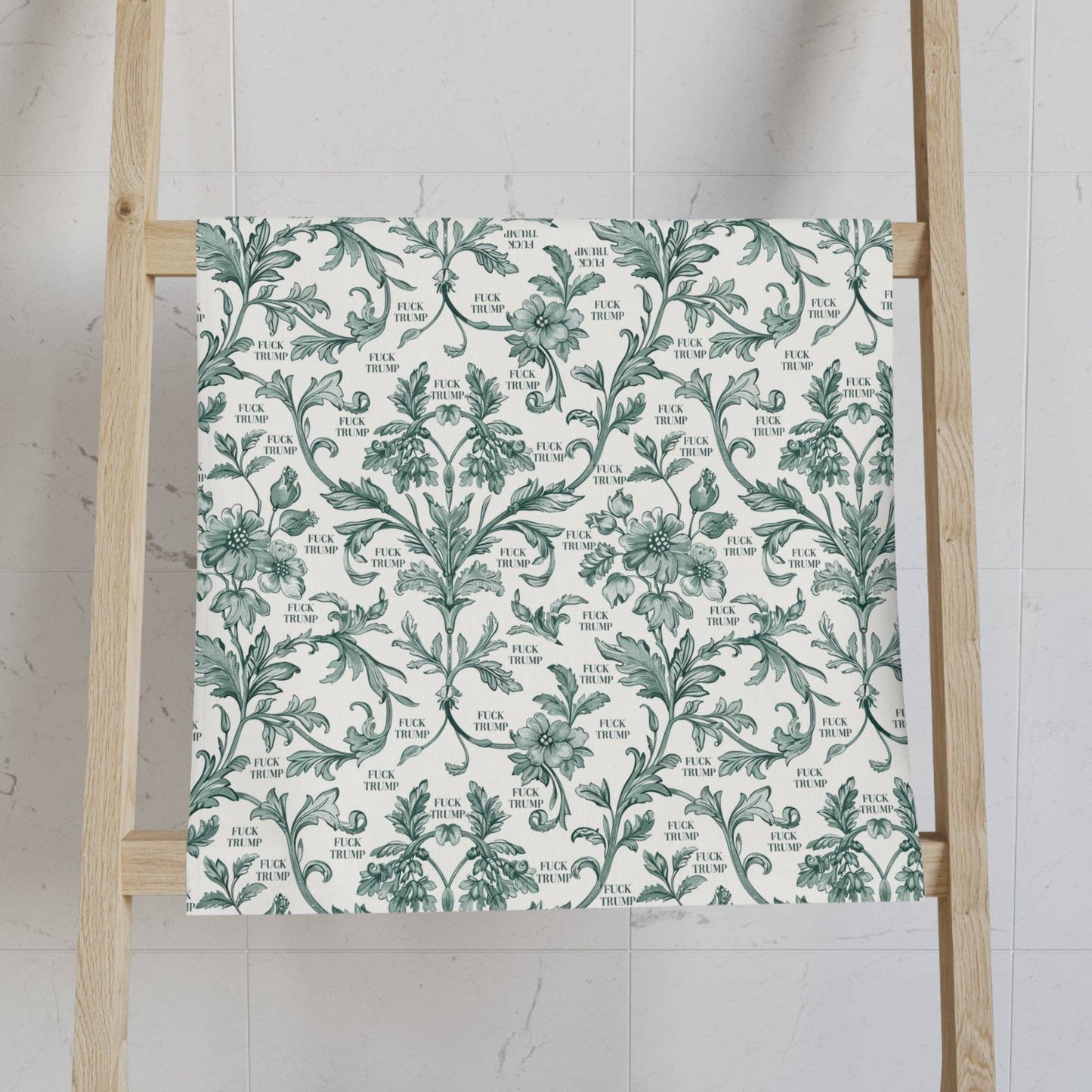 Green Toile de Jouy Fuck Trump Hand Towel