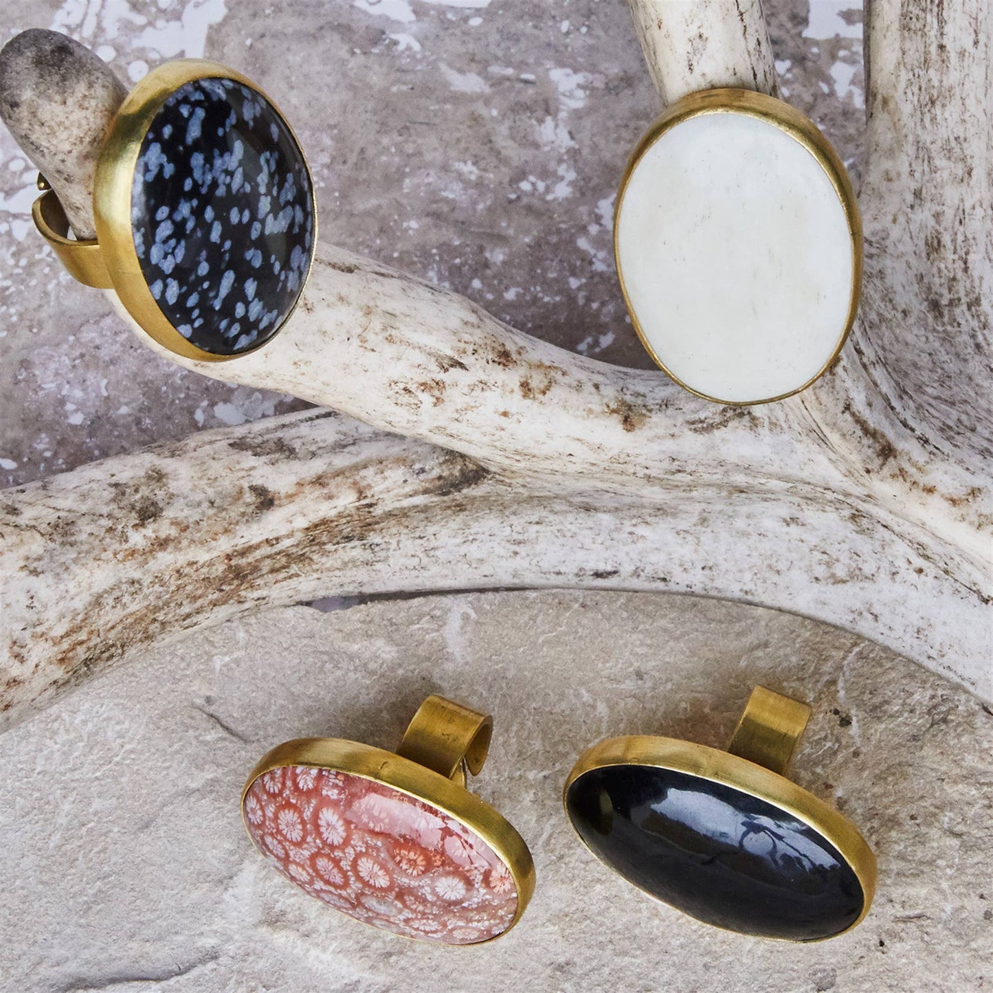 Bezel Set Ring, Brass - Fossilized Coral