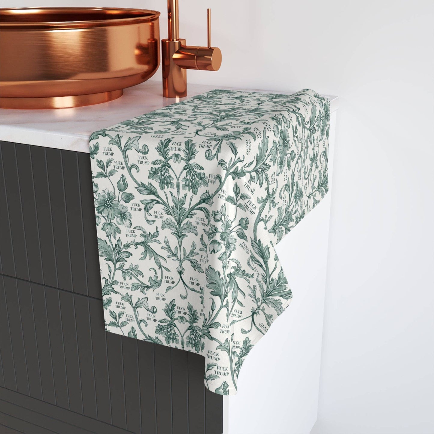 Green Toile de Jouy Fuck Trump Hand Towel