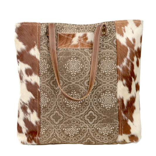 Brown Tote With Designed Front And Cowhide Sides