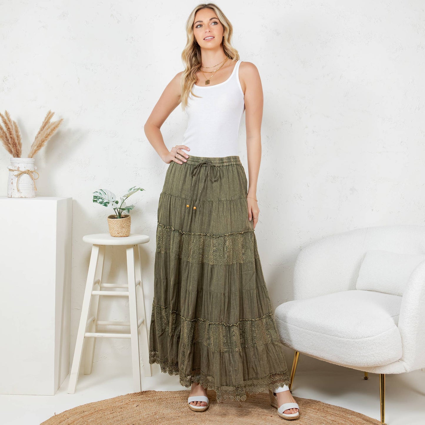 7 Tiered Crinkle Lace Patchwork Skirt with Pocket