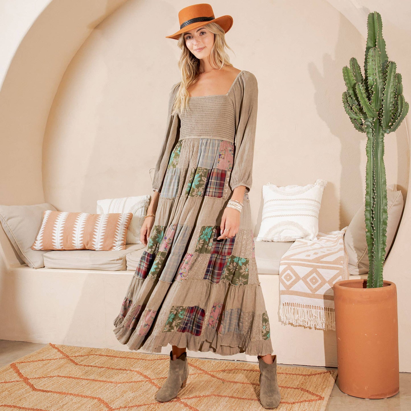 Rustic Bohemian: Smocked Patchwork Maxi Dress - New