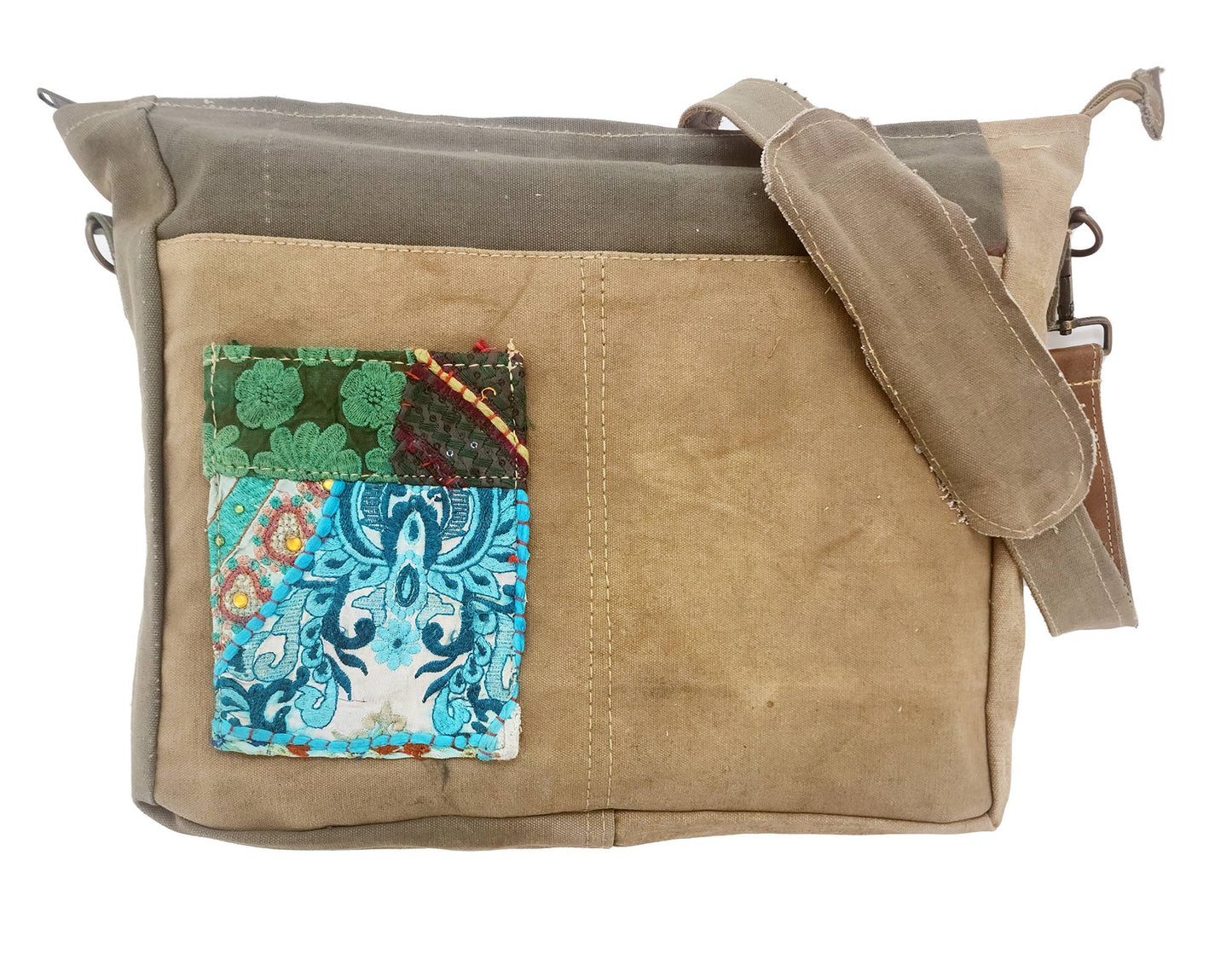 Recycled Military Tent Crossbody w/Vintage Fabric Pocket