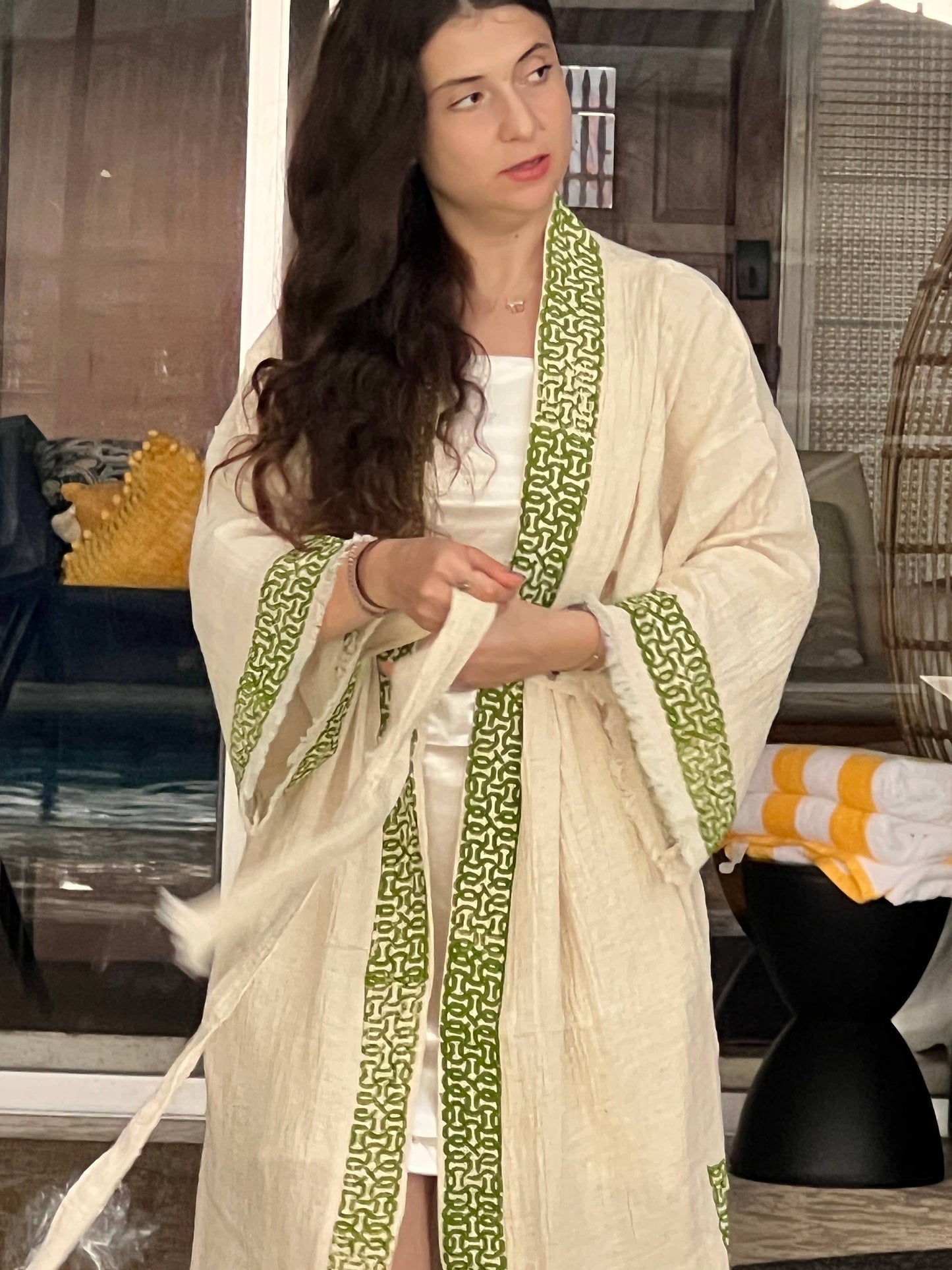 Boho Kimono Robe - Handmade Muslin  Kimono Green Print